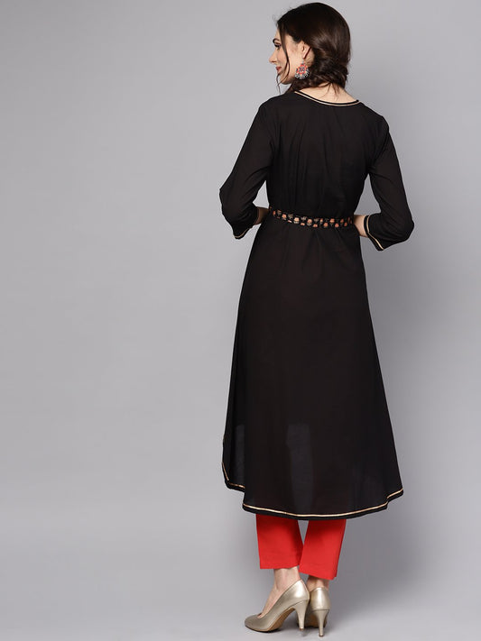Solid Black Asyemmetric Kurta With Printed Belt | LASVINI - Redefining Indian Fashion with Elegance
