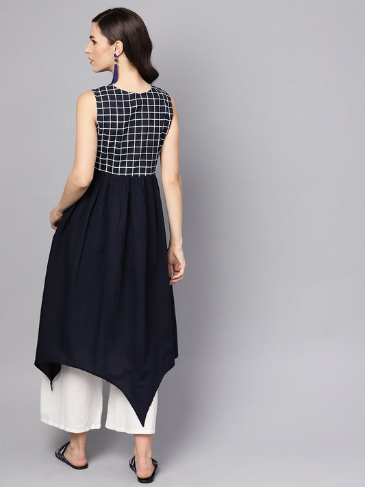 Black & White Checked Assyemtric Kurta With Keyhole Neckline | LASVINI - Redefining Indian Fashion with Elegance