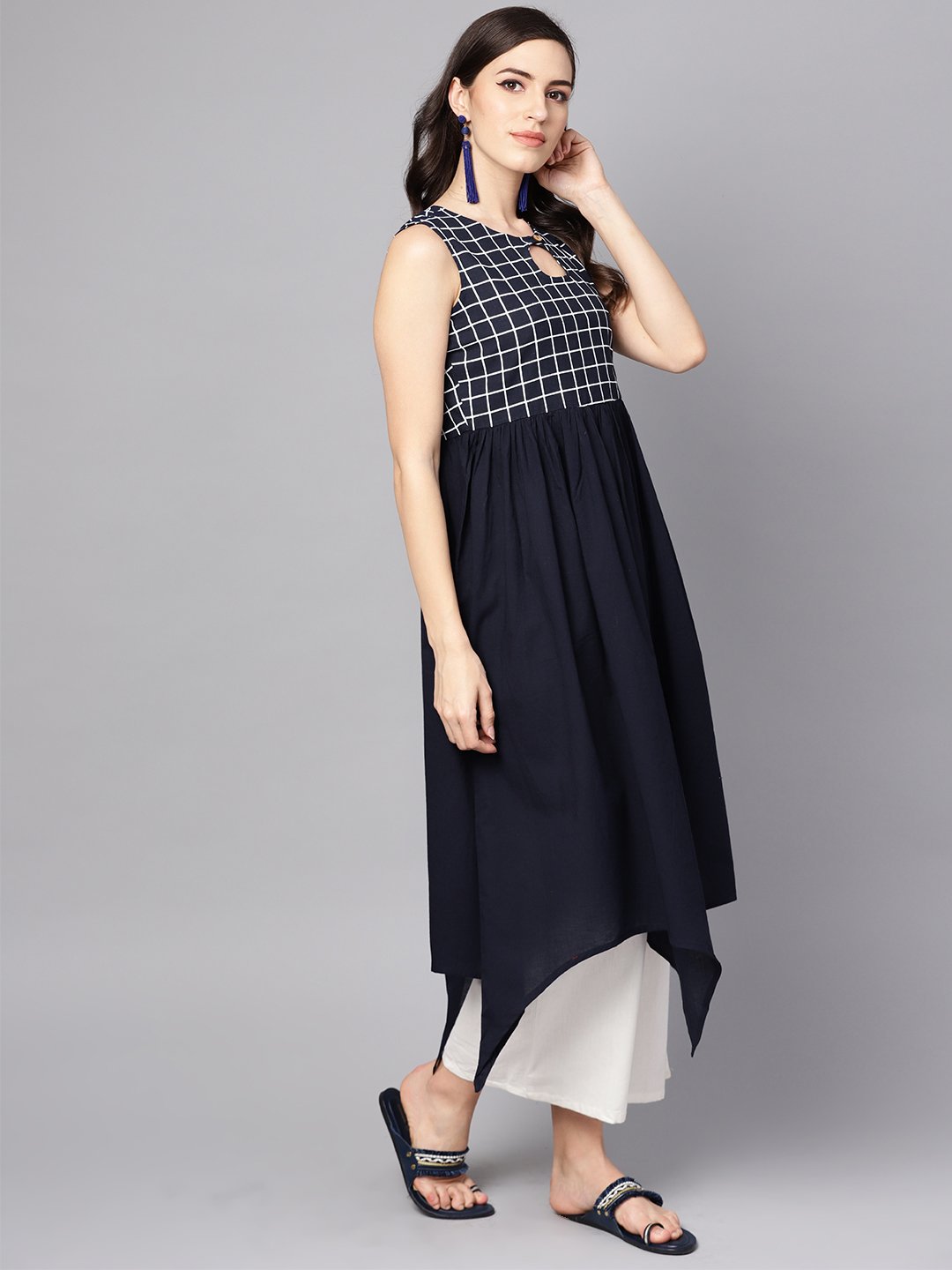 Black & White Checked Assyemtric Kurta With Keyhole Neckline | LASVINI - Redefining Indian Fashion with Elegance