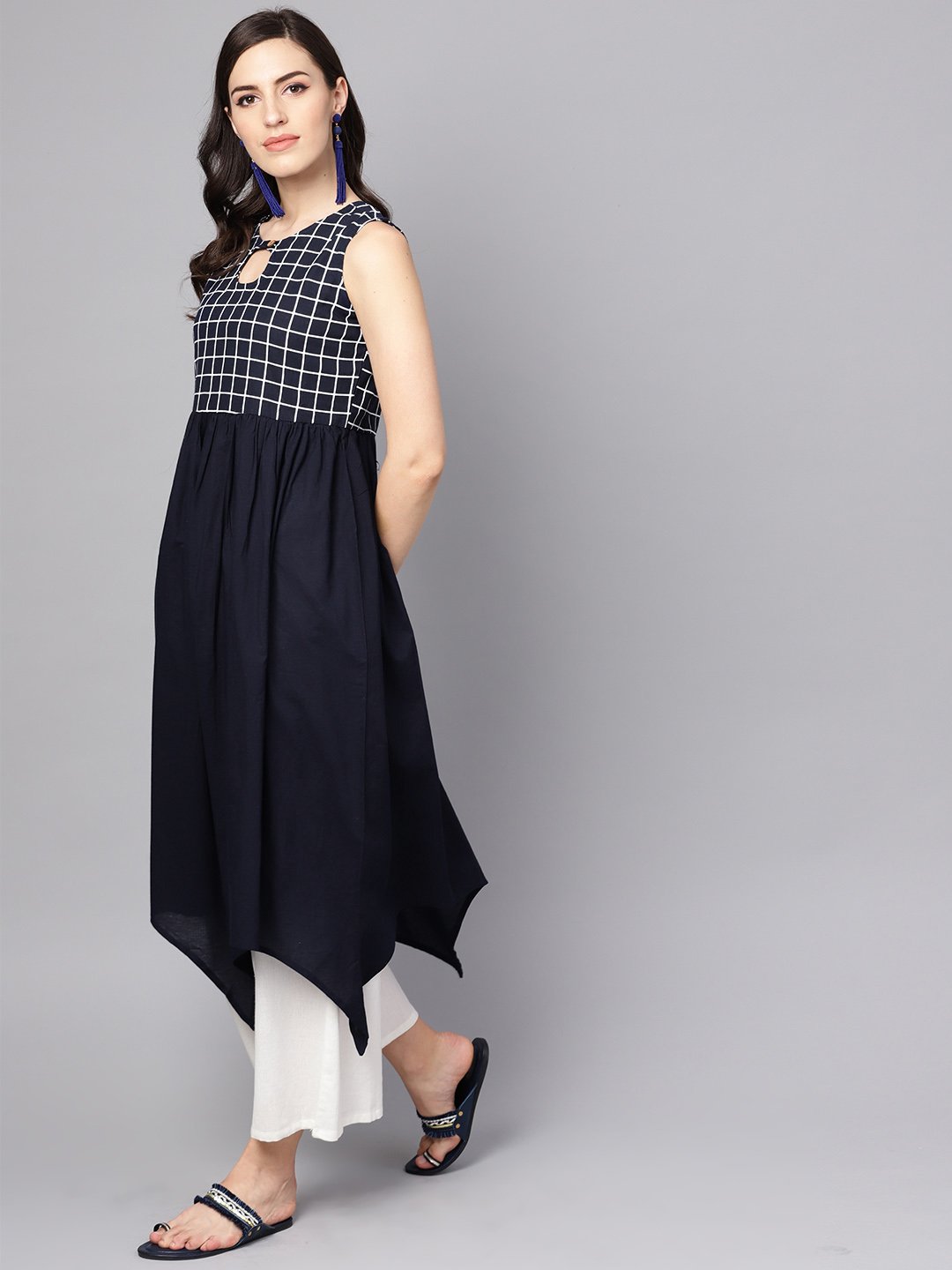 Black & White Checked Assyemtric Kurta With Keyhole Neckline | LASVINI - Redefining Indian Fashion with Elegance