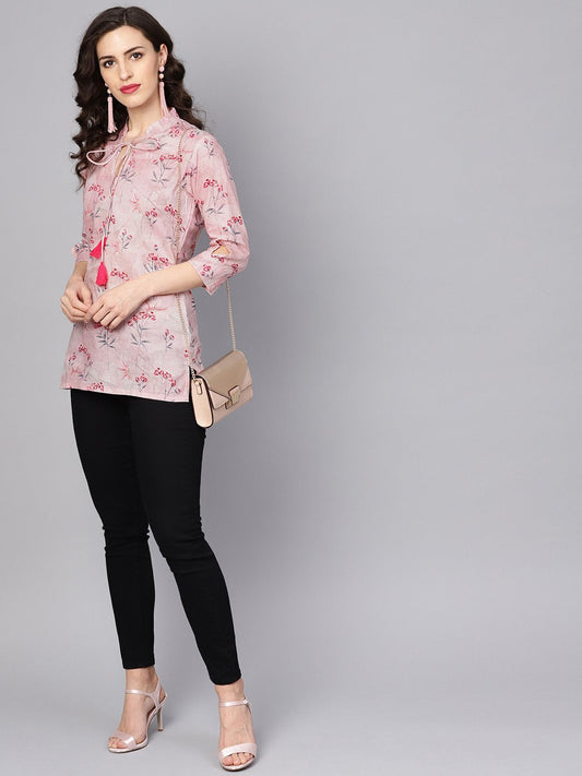 Baby Pink Printed 3/4Th Sleeve Cotton Tunic | LASVINI - Redefining Indian Fashion with Elegance