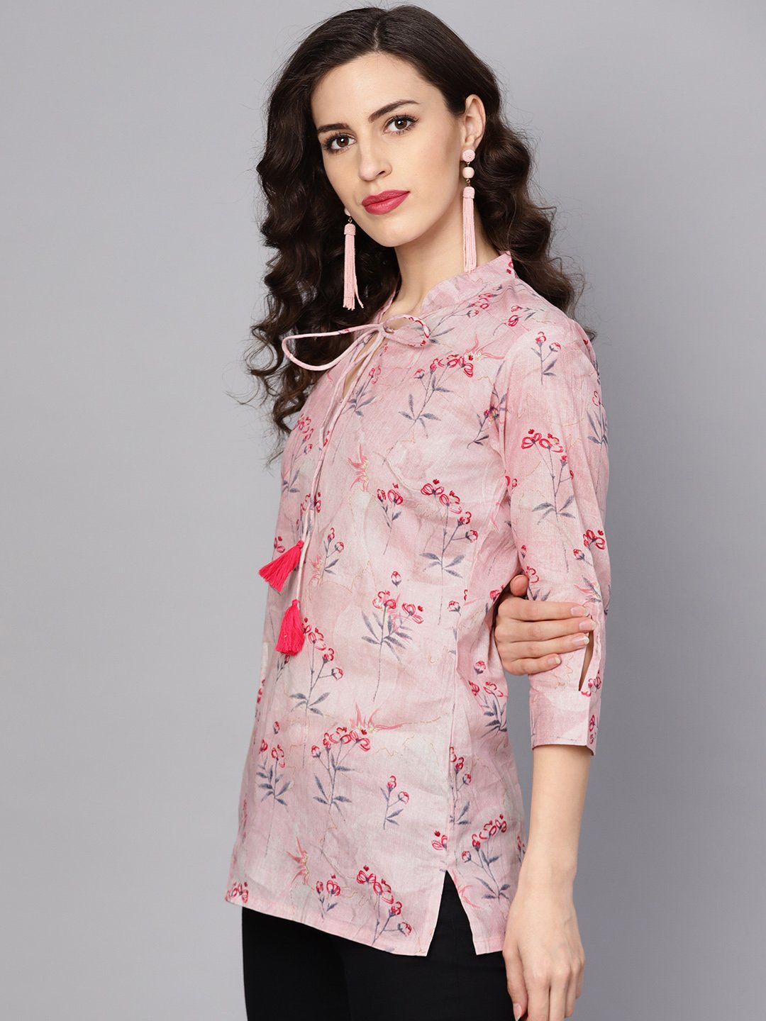 Baby Pink Printed 3/4Th Sleeve Cotton Tunic | LASVINI - Redefining Indian Fashion with Elegance