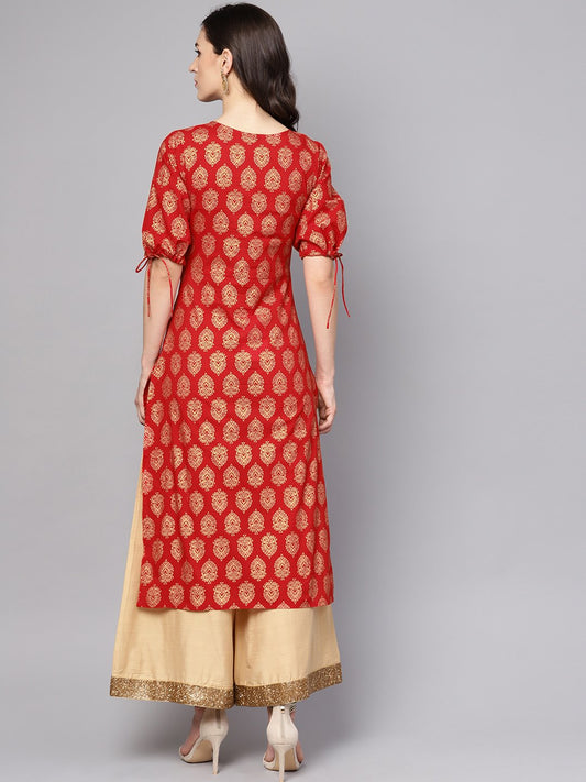 Red Printed Half Sleeve Cotton Straight Kurta | LASVINI - Redefining Indian Fashion with Elegance
