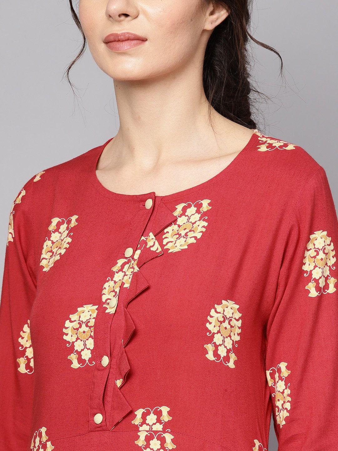 Red Printed Short Sleeve Rayon Straight Kurta | LASVINI - Redefining Indian Fashion with Elegance
