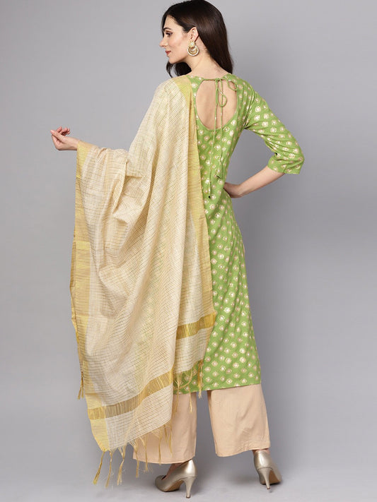 Green 3/4Th Sleeve Rayon Kurta With Beige Palazzo And Dupatta | LASVINI - Redefining Indian Fashion with Elegance