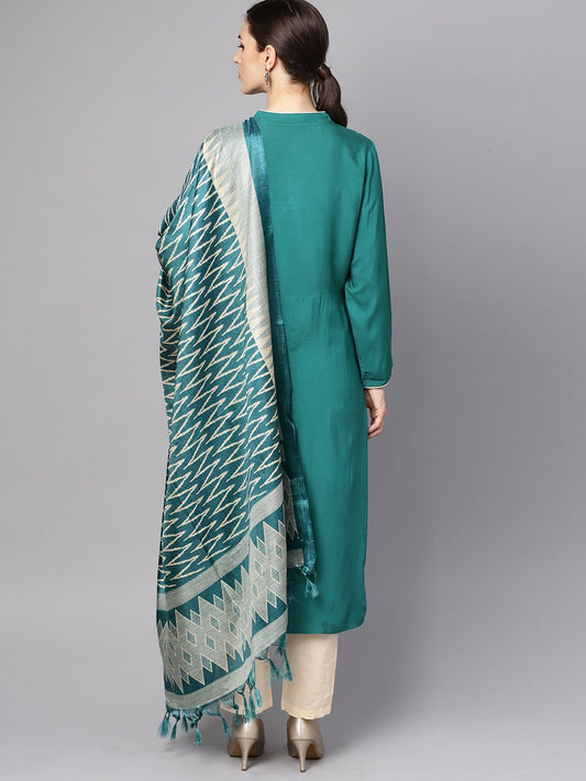 Teal Blue 3/4Th Sleeve Cotton Kurta With Beige Palazzo And Printed Dupatta | LASVINI - Redefining Indian Fashion with Elegance