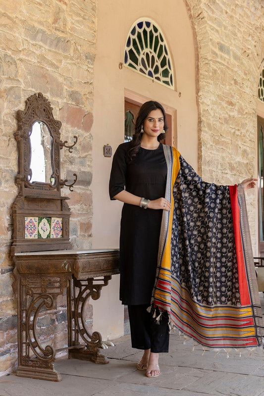 Women Black Kurta With Trouser And Printed Dupatta | LASVINI - Redefining Indian Fashion with Elegance
