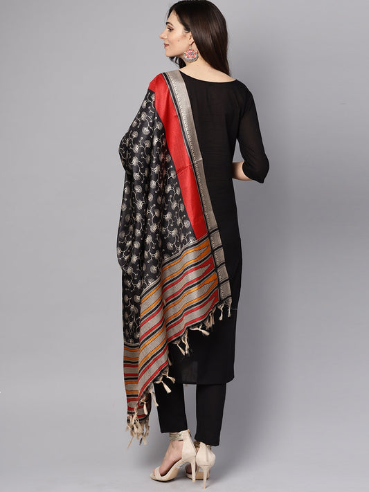 Black 3/4Th Sleeve Cotton Kurta With Palazzo And Printed Dupatta | LASVINI - Redefining Indian Fashion with Elegance