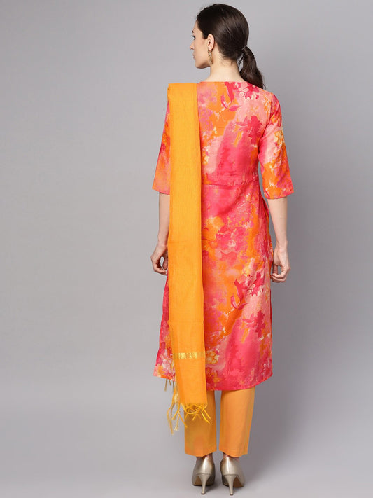 Red Printed Half Sleeve Cotton Kurta With Yellow Palazzo & Dupatta | LASVINI - Redefining Indian Fashion with Elegance