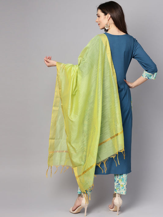 Blue Printed 3/4Th Sleeve Cotton Kurta With Printed Palazzo And Dupatta | LASVINI - Redefining Indian Fashion with Elegance