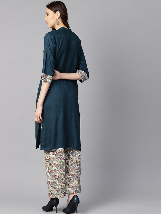 Solid Dark Blue Rayon Straight Kurta With Printed Pocket And Cotton Printed Palazzo | LASVINI - Redefining Indian Fashion with Elegance