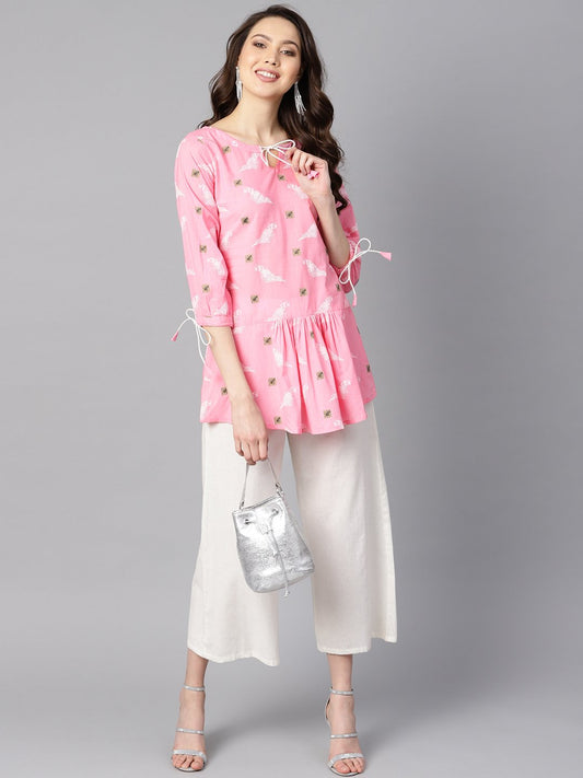 Bird Print White Khadi Light Pink Tunic With Dori Detailing | LASVINI - Redefining Indian Fashion with Elegance