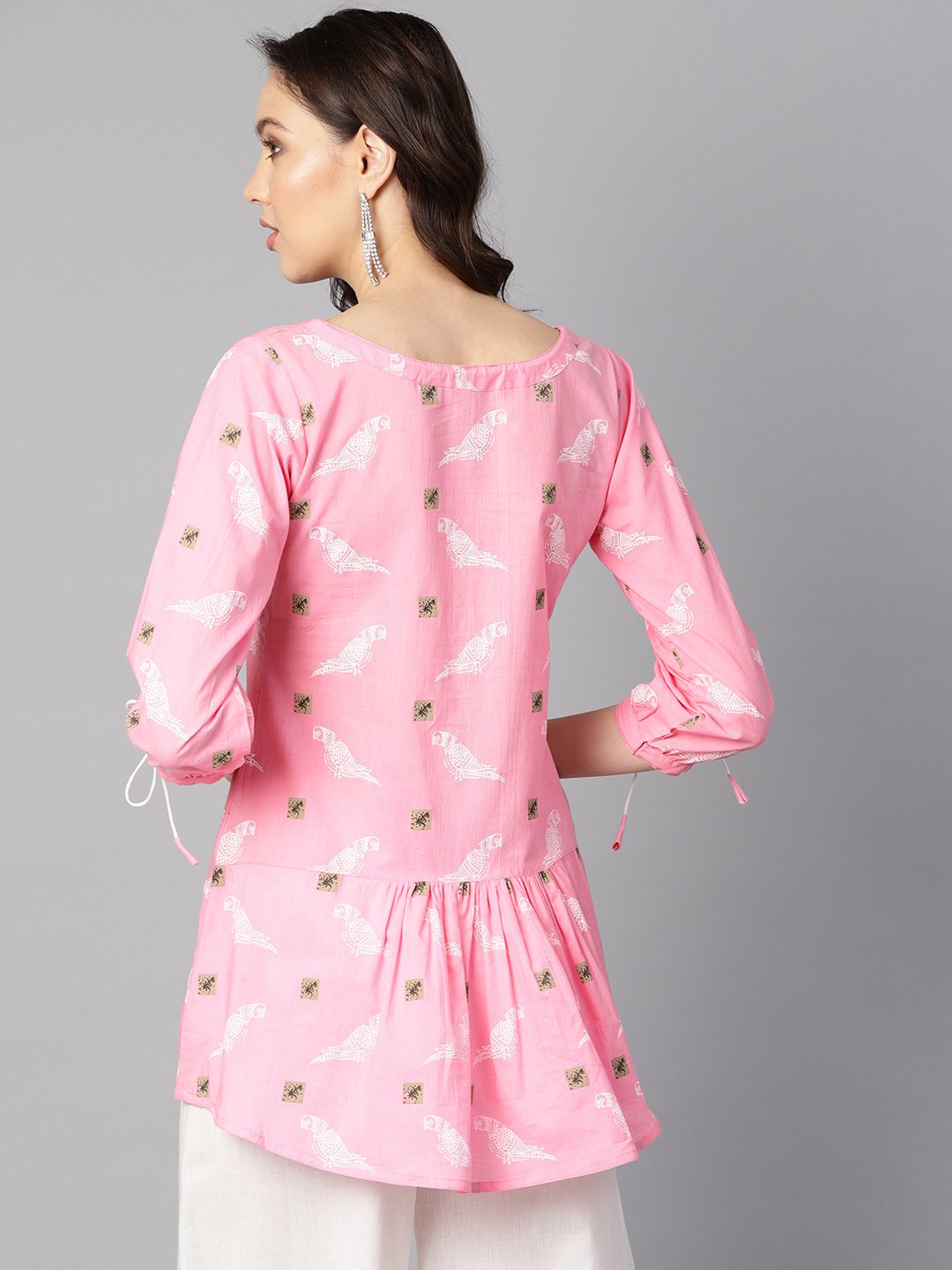 Bird Print White Khadi Light Pink Tunic With Dori Detailing | LASVINI - Redefining Indian Fashion with Elegance
