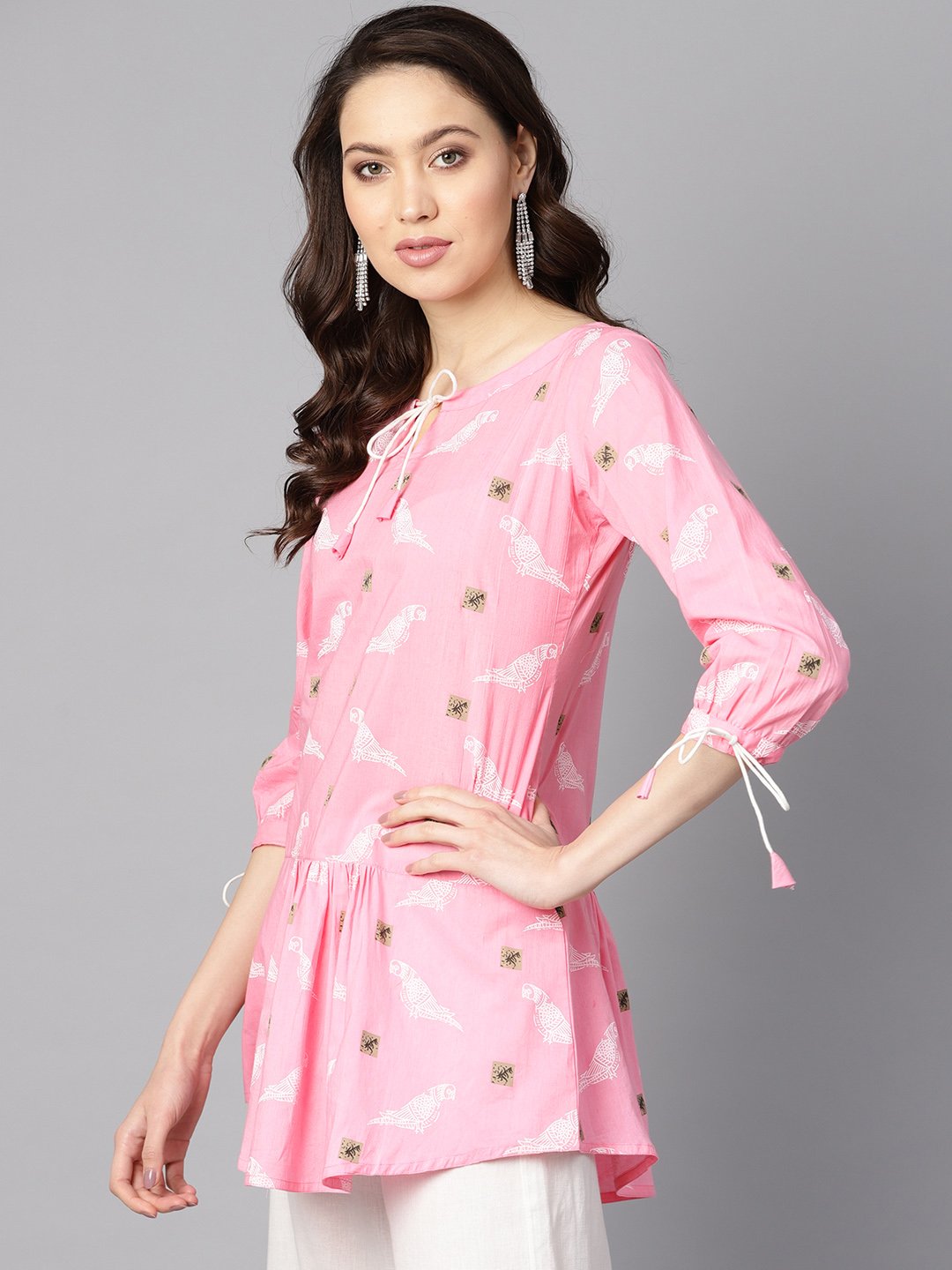 Bird Print White Khadi Light Pink Tunic With Dori Detailing | LASVINI - Redefining Indian Fashion with Elegance