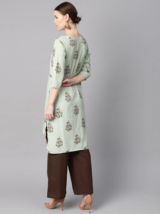 Floral Printed Assymetrical Kurta With Solid Chocolate Brown Palazzo | LASVINI - Redefining Indian Fashion with Elegance