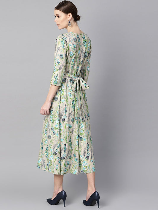 Floral Print Dress With Gathers In Centre With A Belt At The Back | LASVINI - Redefining Indian Fashion with Elegance