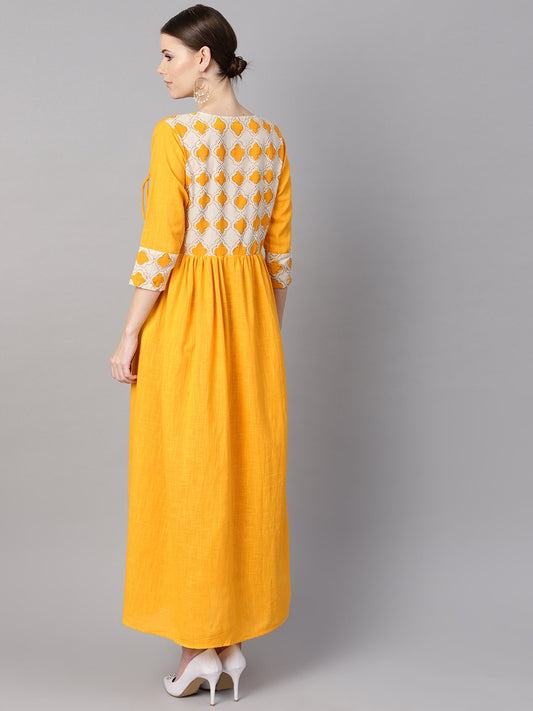 Printed Yoke Angrakha Style 3/4Th Sleeve Yellow Colored Maxi. | LASVINI - Redefining Indian Fashion with Elegance