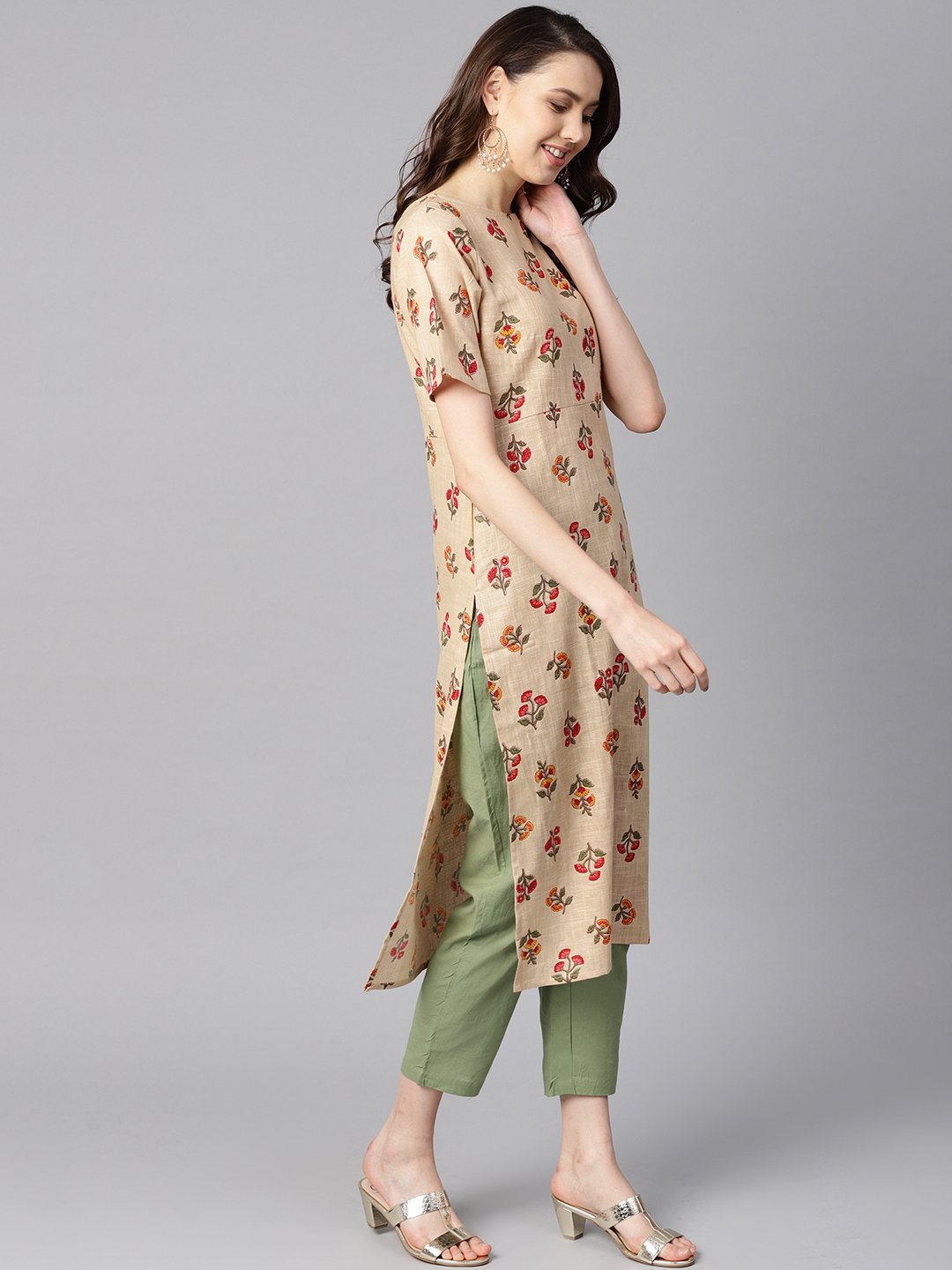 Beige Floral Printed Boat Neck Half Sleeve Straight Kurta With Solid Pants. | LASVINI - Redefining Indian Fashion with Elegance
