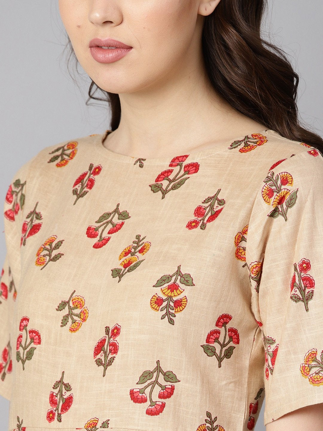 Beige Floral Printed Boat Neck Half Sleeve Straight Kurta With Solid Pants. | LASVINI - Redefining Indian Fashion with Elegance