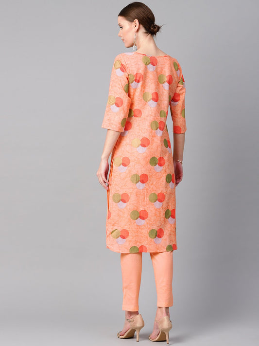 Peach Color Polka Dots Printed Boat Neck With Side Keyhole 3/4Th Sleeve Kurta And Solid Cigratee Pants. | LASVINI - Redefining Indian Fashion with Elegance