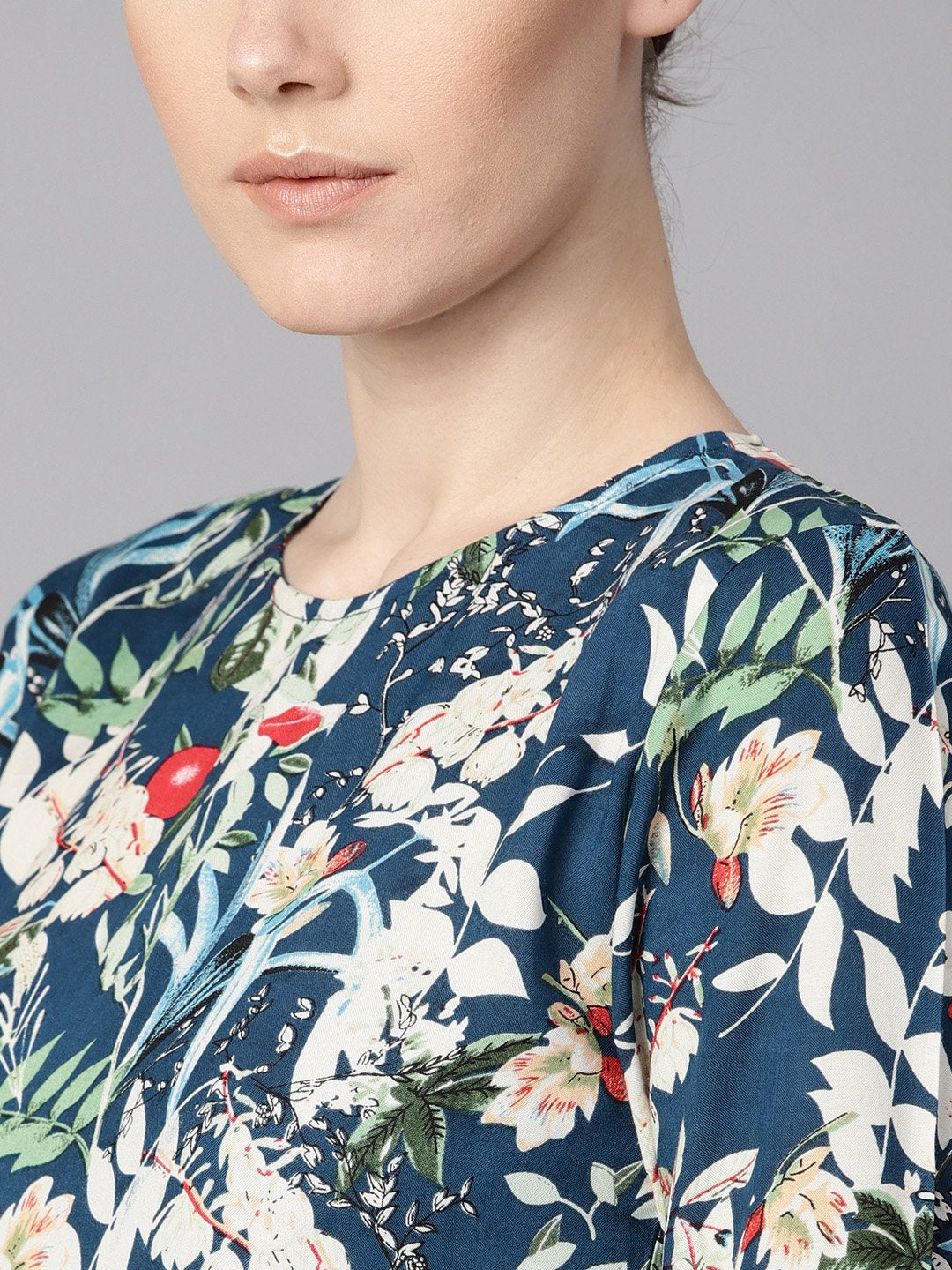 Blue Multicolored Quirky Floral Printed High Neck Back Hook Closure 3/4Th Flared Sleeves Gathered Dress. | LASVINI - Redefining Indian Fashion with Elegance