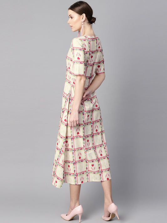White Floral Ikat Print Square Neck Aline Dress With Front Pockets. | LASVINI - Redefining Indian Fashion with Elegance