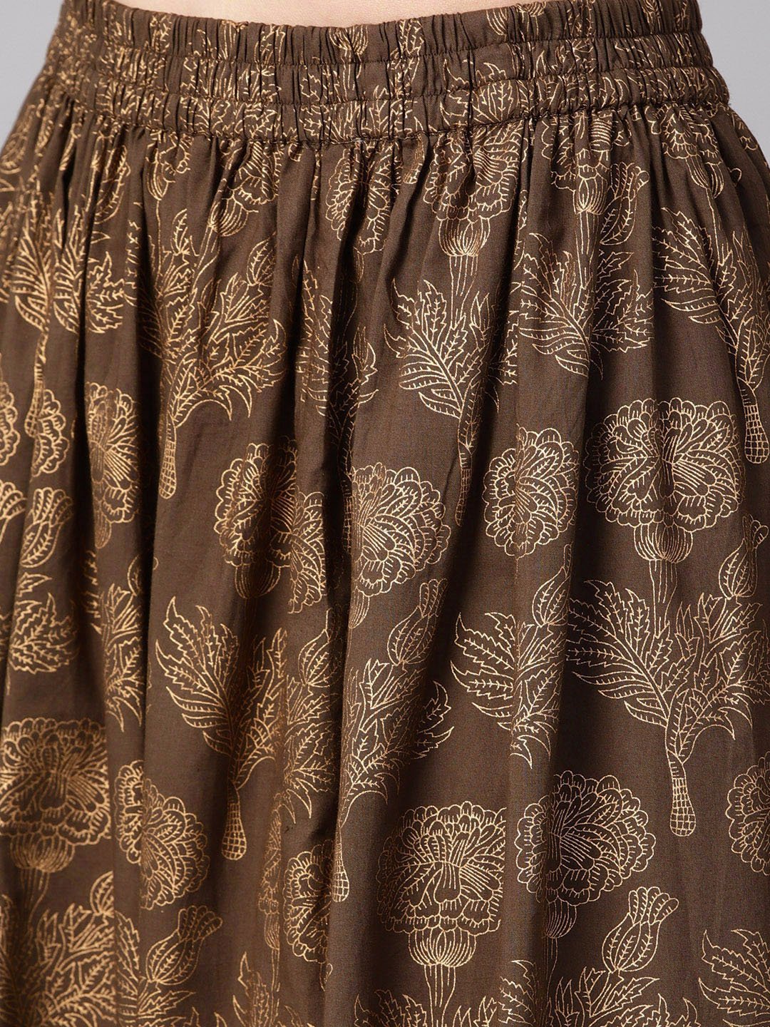Maroon High-Low Gold Printed Kurta With Brown Printed Skirt | LASVINI - Redefining Indian Fashion with Elegance