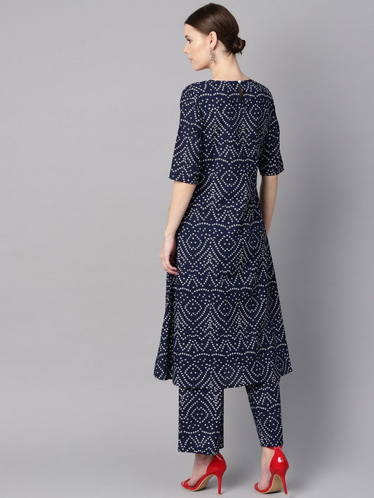 Navy Blue Half Sleeve Bandhni Print Kurta With Front Printed Yoke | LASVINI - Redefining Indian Fashion with Elegance
