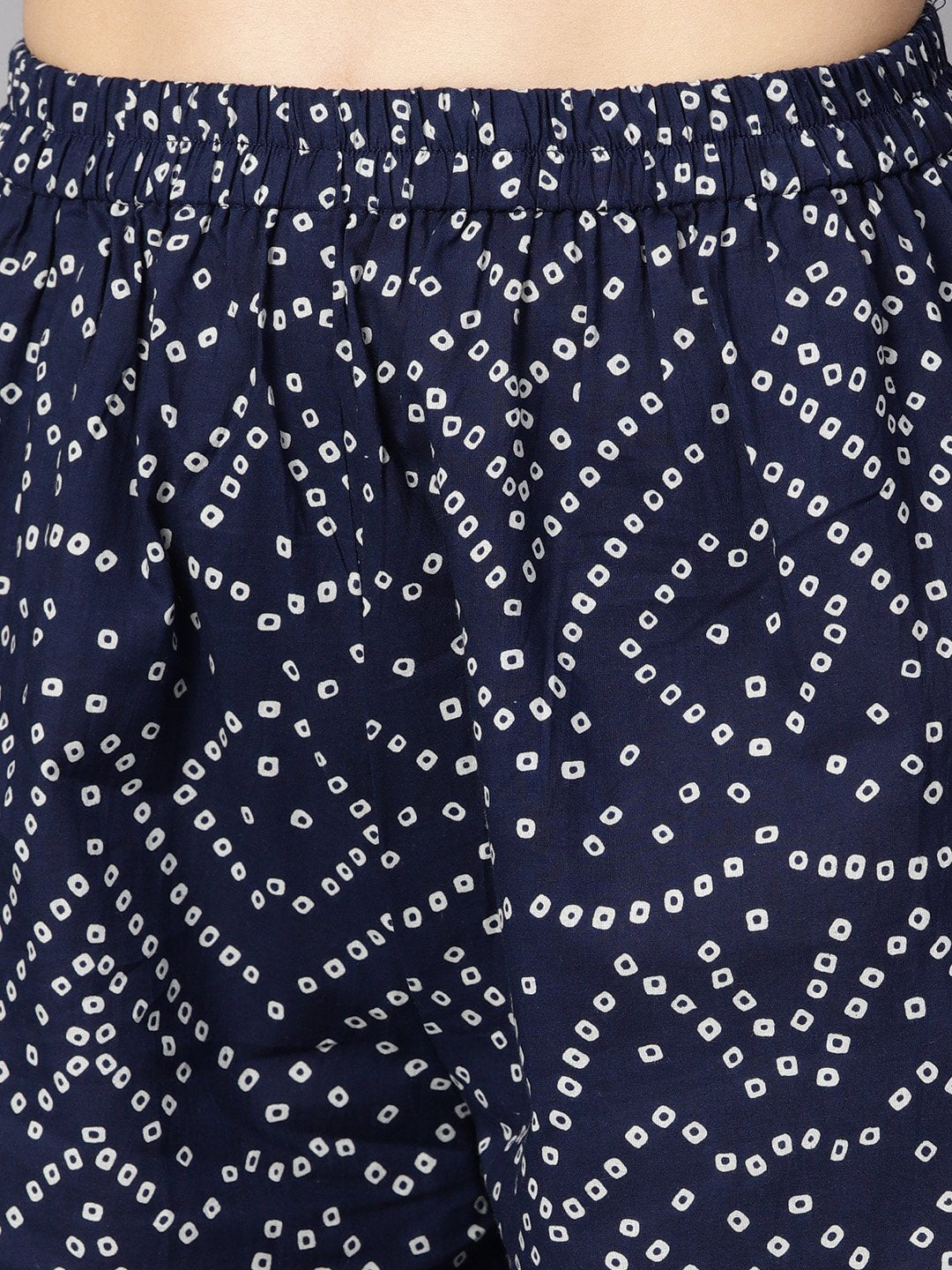 Navy Blue Half Sleeve Bandhni Print Kurta With Front Printed Yoke | LASVINI - Redefining Indian Fashion with Elegance