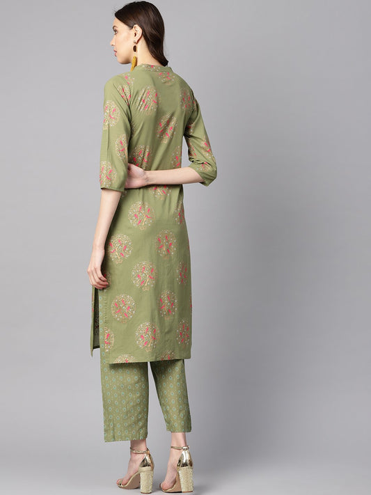 Pista Green Floral Printed 3/4Th Sleeve Kurta With Pista Green Printed Pants. | LASVINI - Redefining Indian Fashion with Elegance