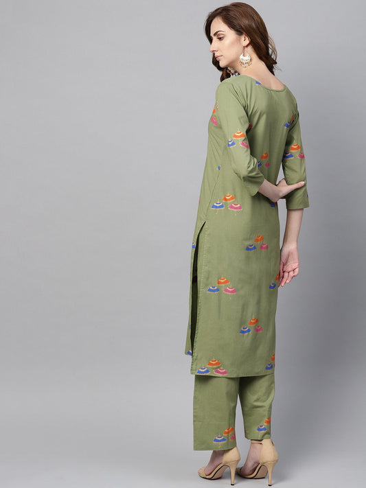 Pistachio Green 3/4Th Sleeve Printed Kurta Set With Ankle Length Printed Pants | LASVINI - Redefining Indian Fashion with Elegance