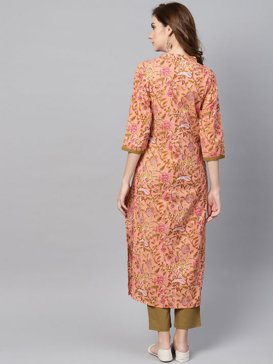 Peach Floral Printed Kurta With Solid Olive Green Pants | LASVINI - Redefining Indian Fashion with Elegance