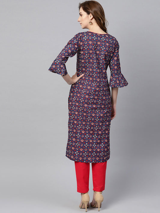 Indigo Blue Multi Colored Printed Kurta Set With Solid Red Pants | LASVINI - Redefining Indian Fashion with Elegance