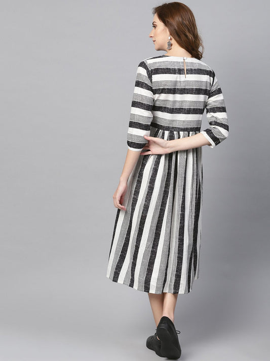 Black & Wihte Stripped Dress With Round Neck & 3/4 Sleeves | LASVINI - Redefining Indian Fashion with Elegance