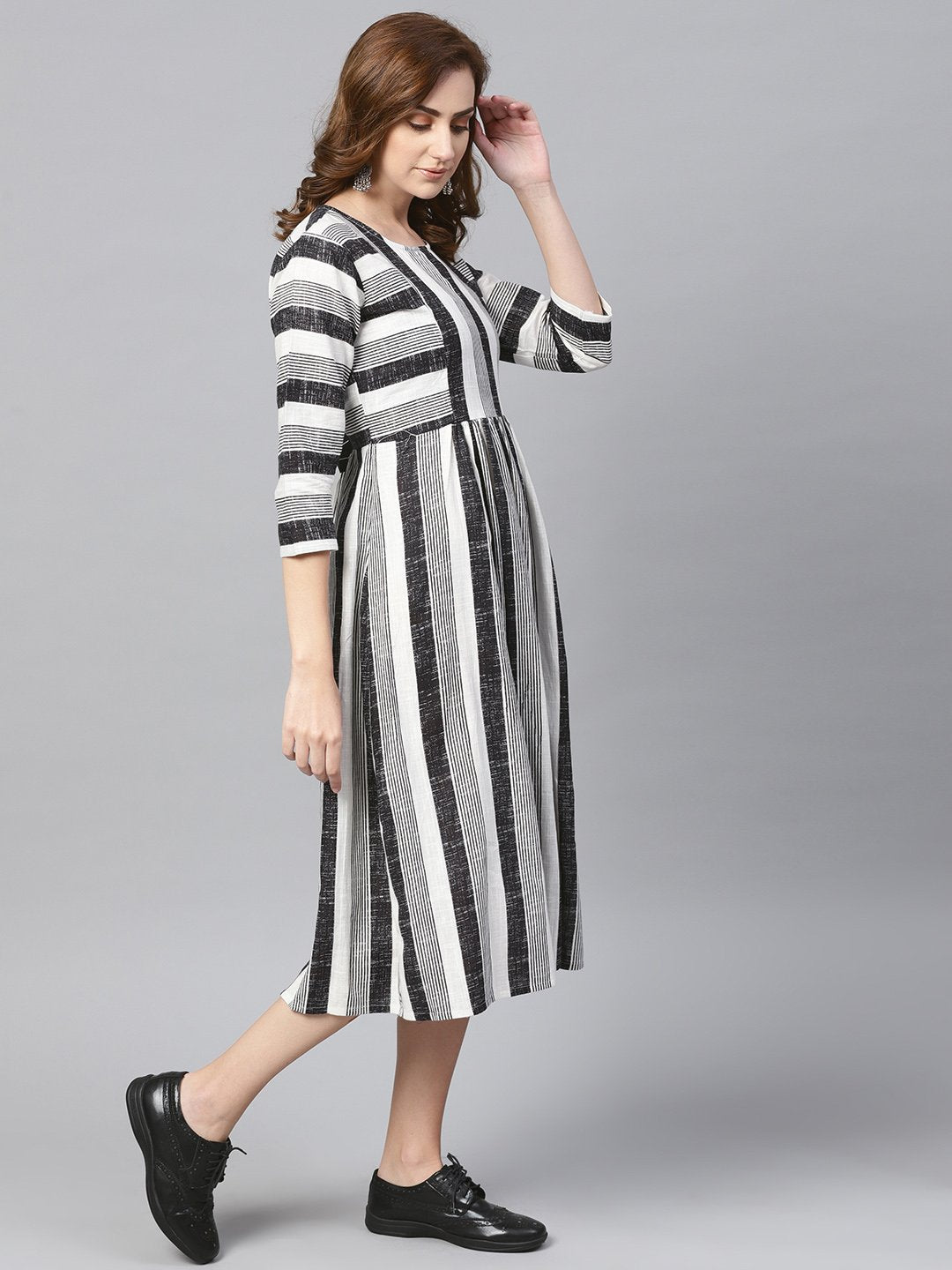 Black & Wihte Stripped Dress With Round Neck & 3/4 Sleeves | LASVINI - Redefining Indian Fashion with Elegance