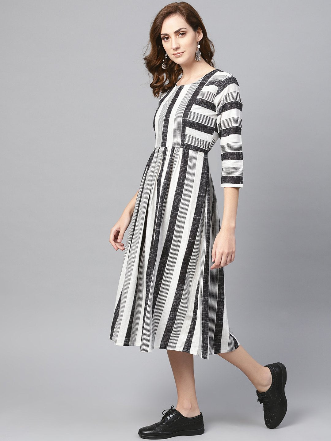 Black & Wihte Stripped Dress With Round Neck & 3/4 Sleeves | LASVINI - Redefining Indian Fashion with Elegance