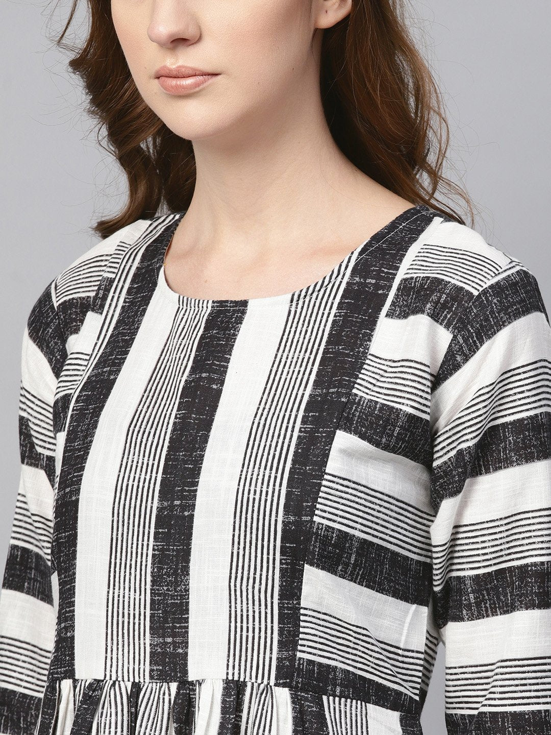 Black & Wihte Stripped Dress With Round Neck & 3/4 Sleeves | LASVINI - Redefining Indian Fashion with Elegance