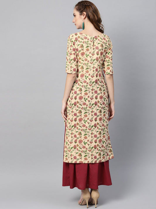 Cream Multi Colored Kurta Set With Solid Dark Maroon Skirt | LASVINI - Redefining Indian Fashion with Elegance