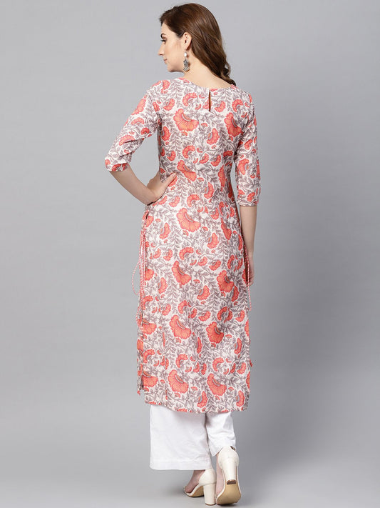 Women White & Coral Pink Floral Print Straight Kurta | LASVINI - Redefining Indian Fashion with Elegance