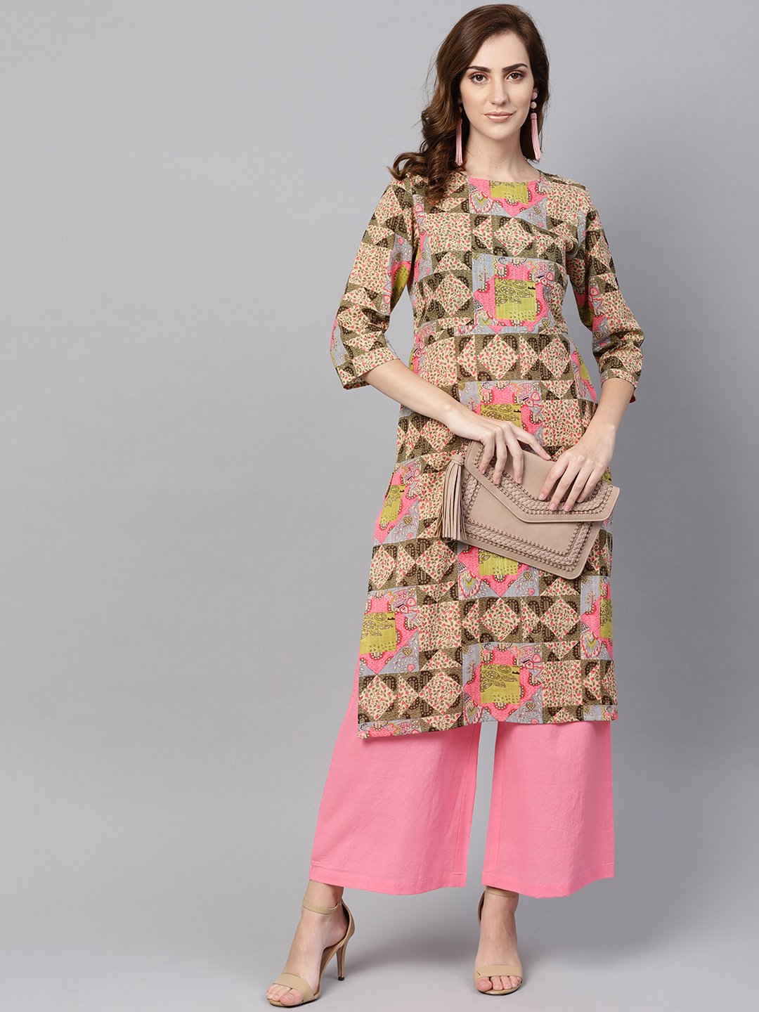 Beige Multi Colored Straight Kurta Set With Solid Light Pink Pants | LASVINI - Redefining Indian Fashion with Elegance