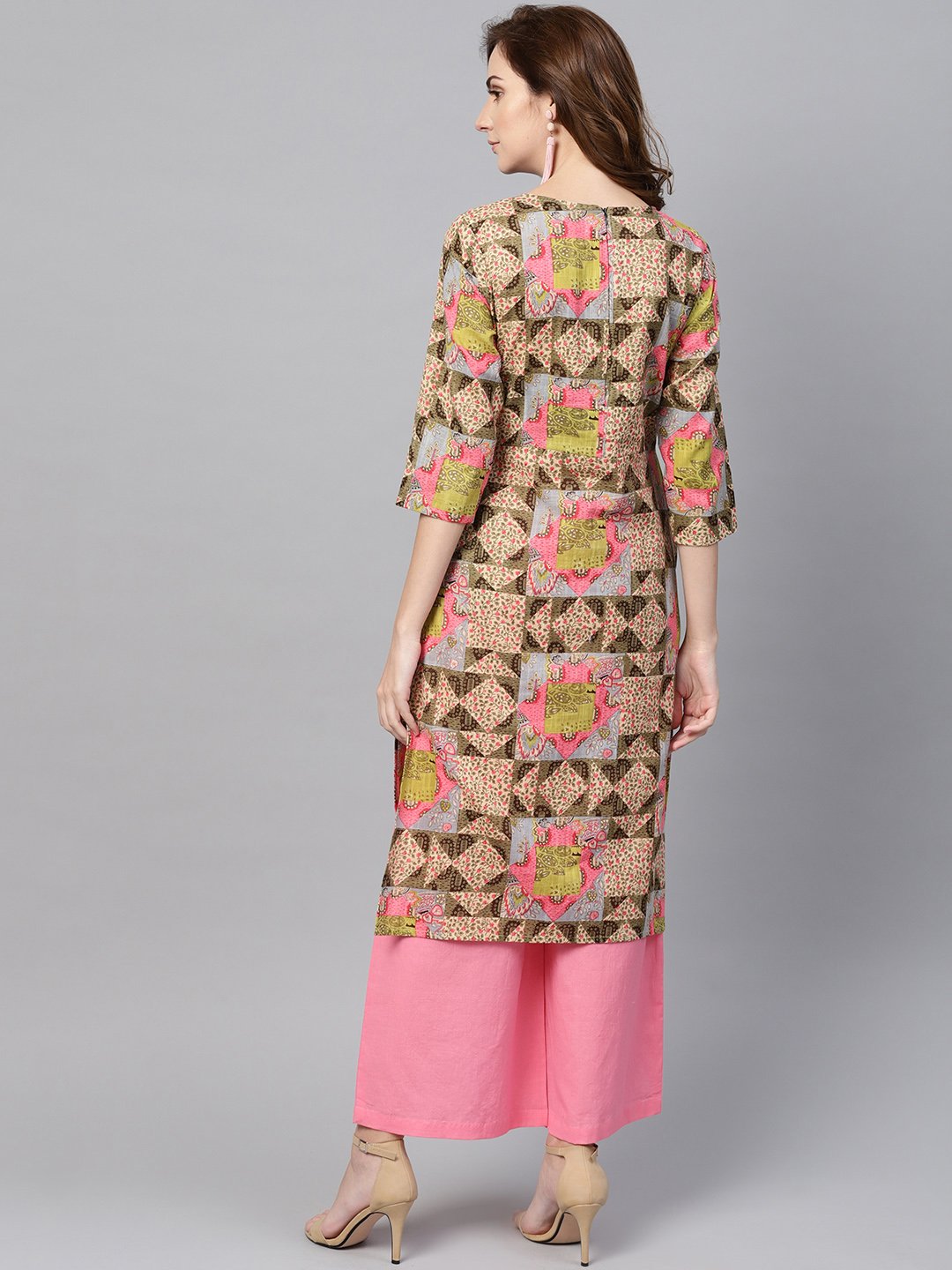 Beige Multi Colored Straight Kurta Set With Solid Light Pink Pants | LASVINI - Redefining Indian Fashion with Elegance