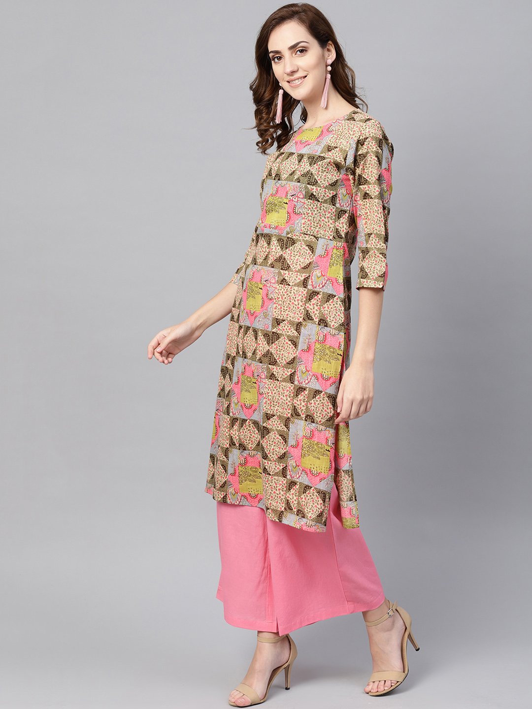 Beige Multi Colored Straight Kurta Set With Solid Light Pink Pants | LASVINI - Redefining Indian Fashion with Elegance