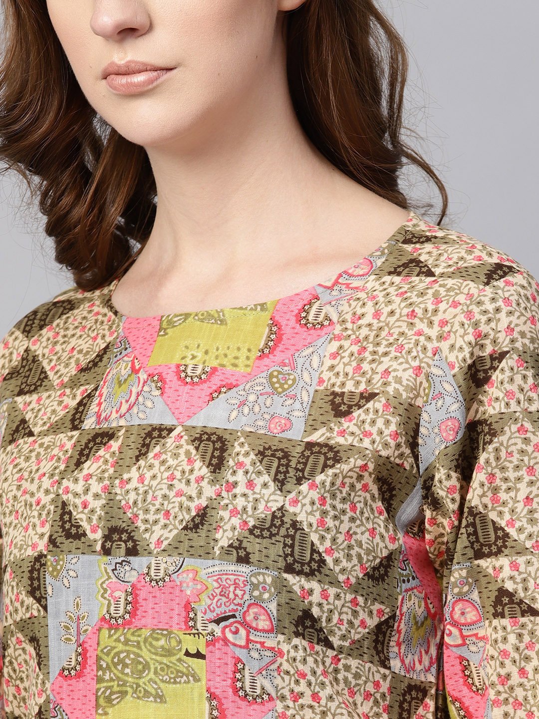 Beige Multi Colored Straight Kurta Set With Solid Light Pink Pants | LASVINI - Redefining Indian Fashion with Elegance
