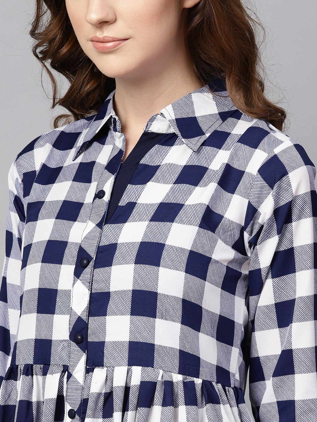 Electric Blue Checked Shirt Collar Dress With Front Placket & Cuff | LASVINI - Redefining Indian Fashion with Elegance