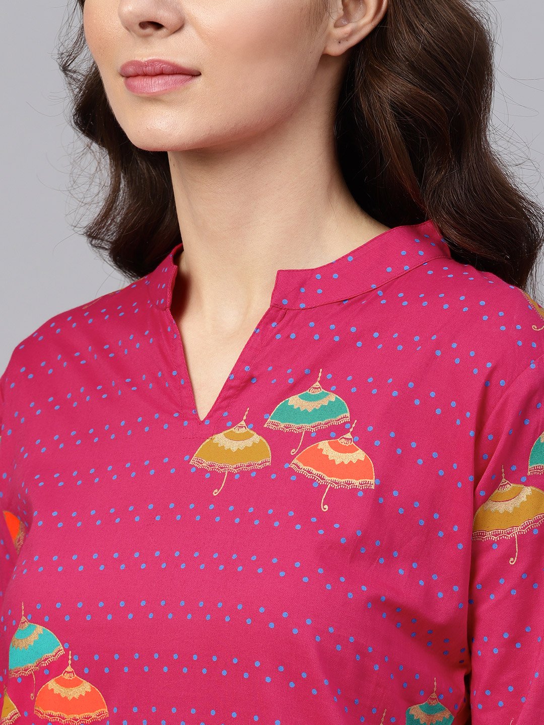 Pink 3/4Th Sleeve Umbrella Printed Cotton Kurta | LASVINI - Redefining Indian Fashion with Elegance