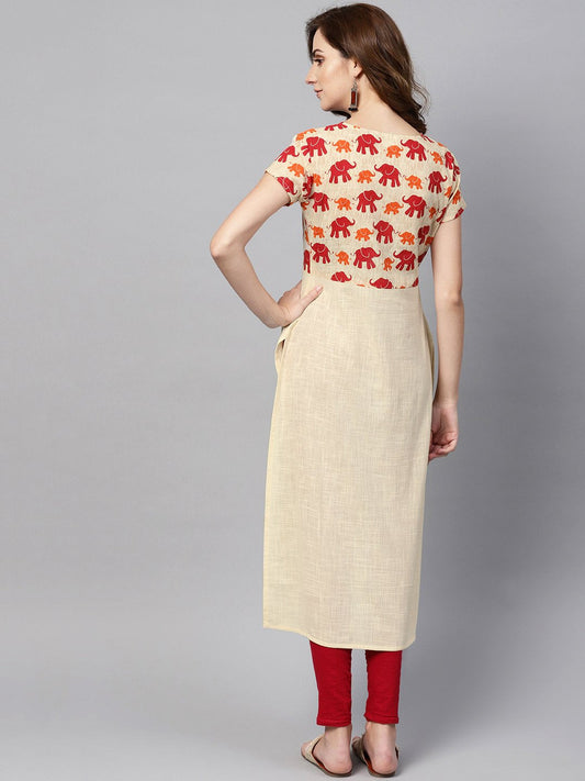 Off White Elephant Printed Cap Sleeve Kurta | LASVINI - Redefining Indian Fashion with Elegance