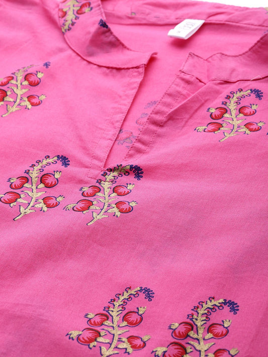 Women Floral Pink With Gold Printed Chinese Collared With 3/4Th Sleeves Straight Kurta With Pink Leheriya Printed Pants | LASVINI - Redefining Indian Fashion with Elegance