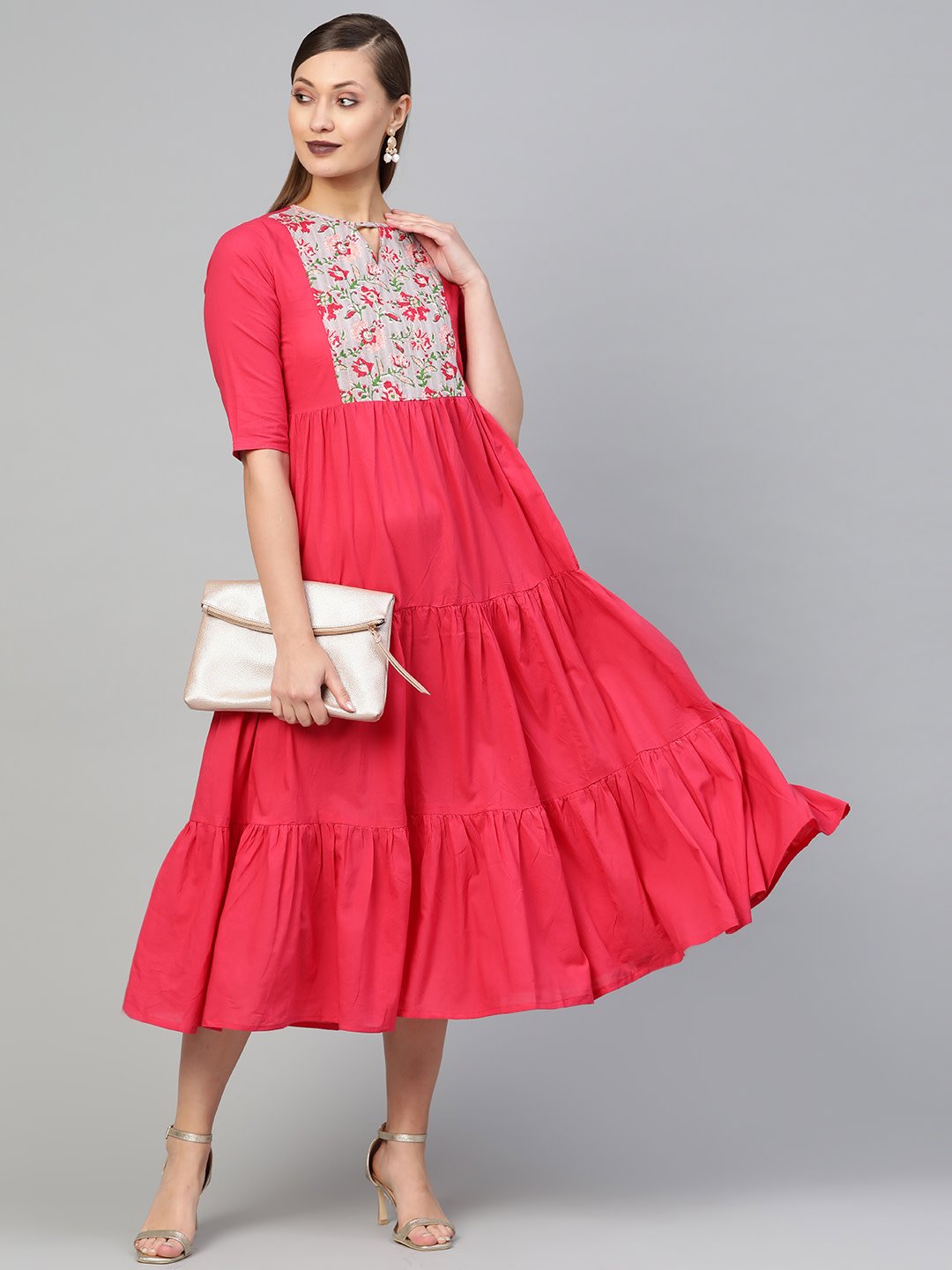 Women Pink & Grey Solid Fit And Flare Dress | LASVINI - Redefining Indian Fashion with Elegance