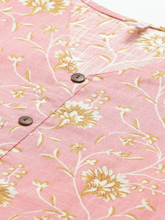 Women Pink & Mustard Regular Floral Printed V-Neck Top | LASVINI - Redefining Indian Fashion with Elegance