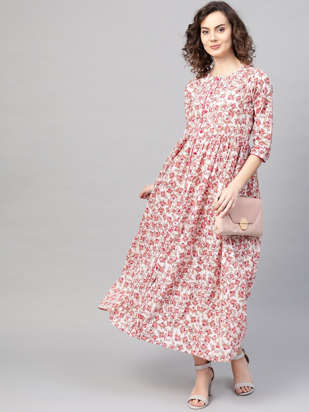 Women White & Pink Floral Printed Maxi Dress | LASVINI - Redefining Indian Fashion with Elegance